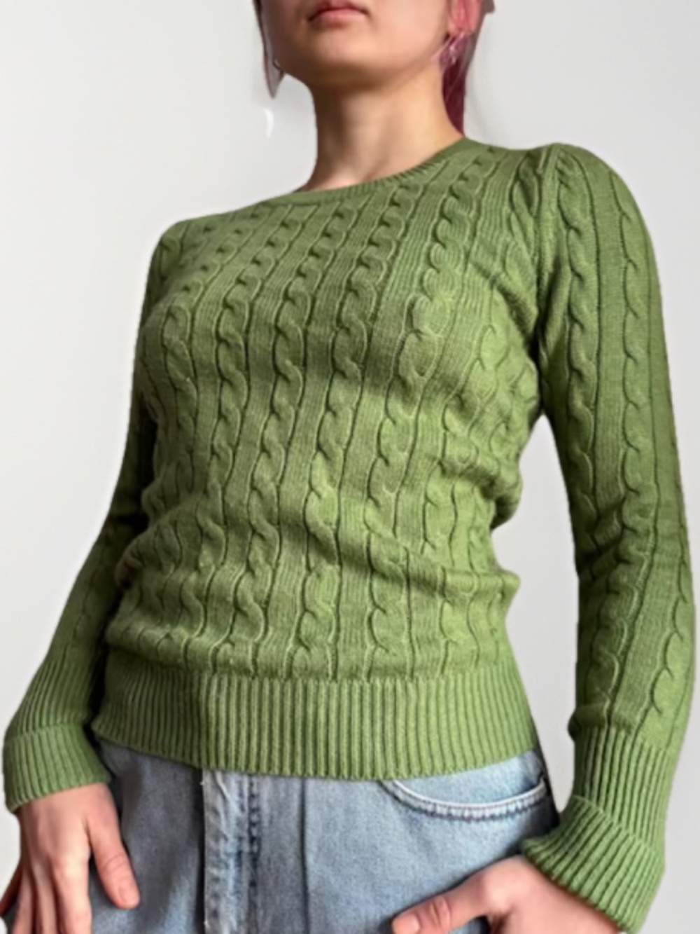 Vintage GAP Y2K Green Cable Knit Sweater Angora Blend Slim Fit Women's Size M